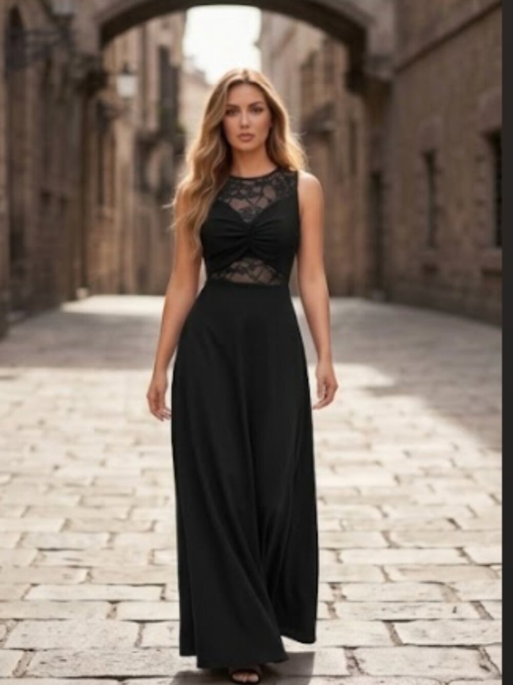 Black Sleeveless Lace Insert Maxi Dress – Ruched Twist Bodice Illusion Dress